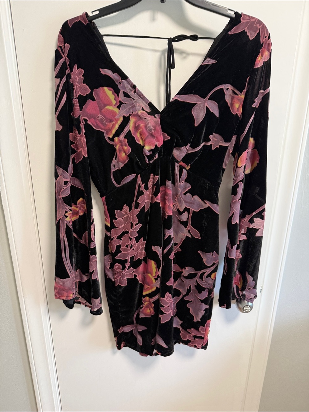 Black Velvet Floral V-Neck Mini Dress with Pink, purple & Yellow Print